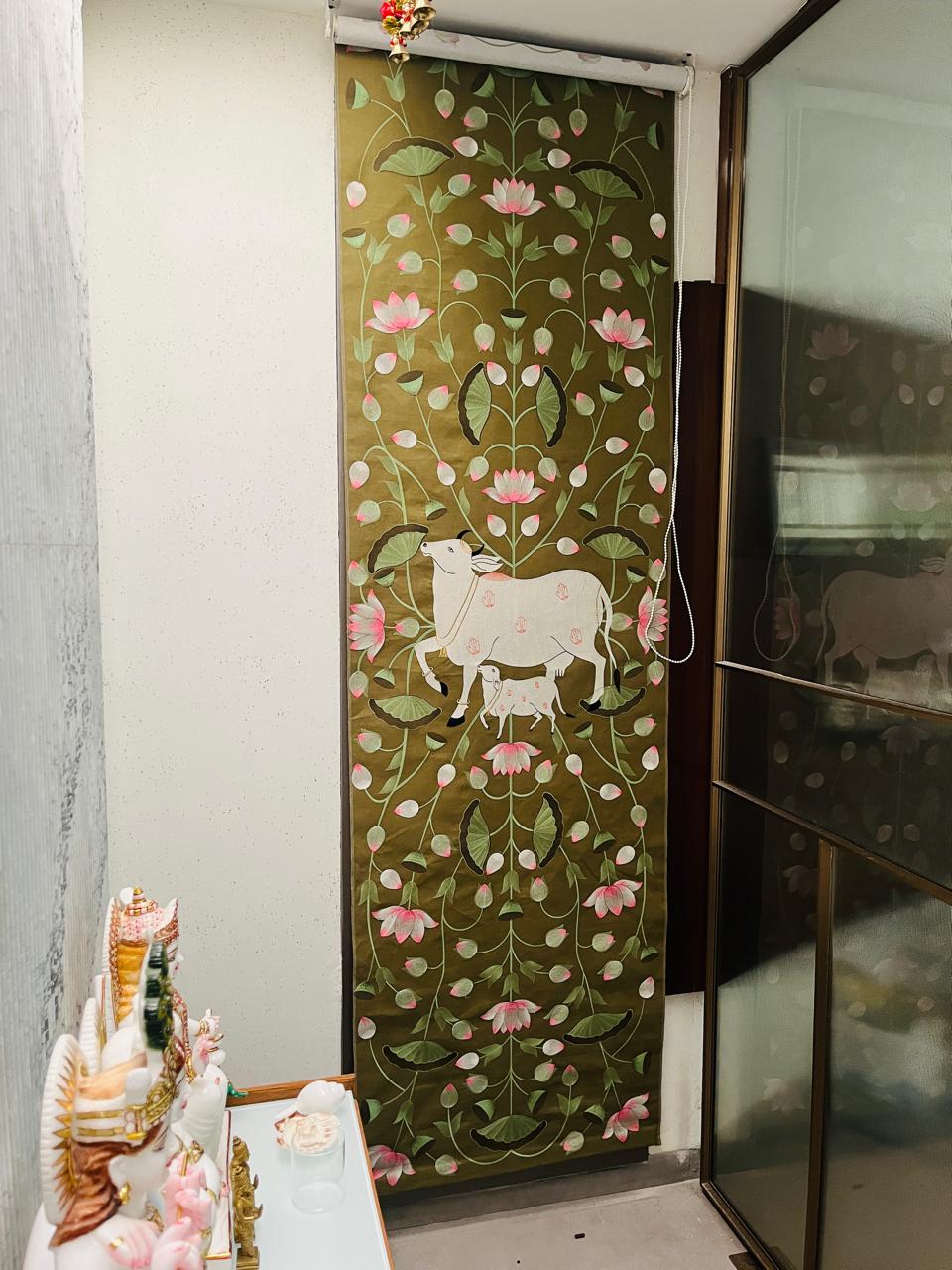 Custom Pichwai-print roller blind fitted in a Chandkheda home